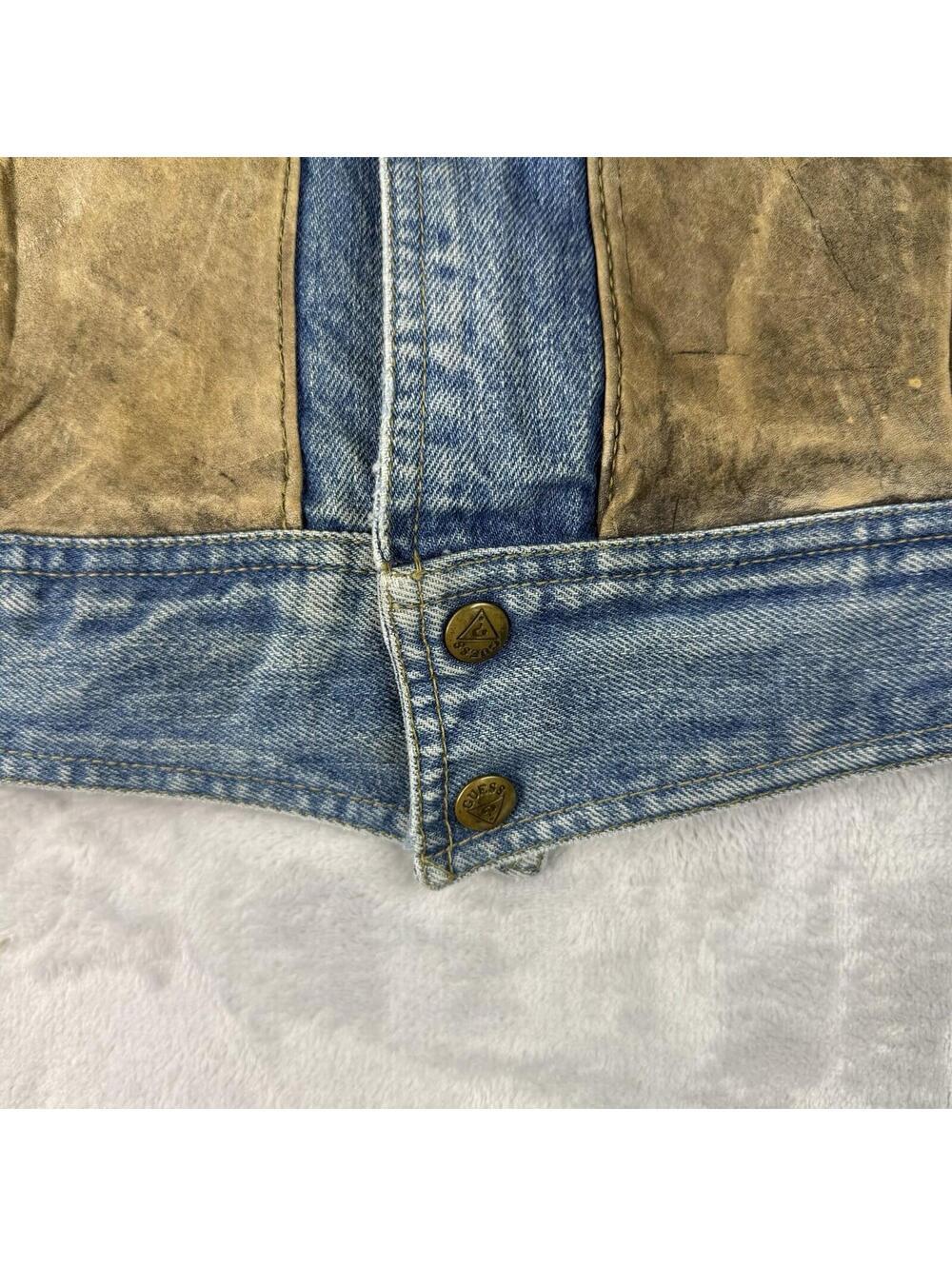 Vintage Guess Georges Marciano Denim Jacket Leather Patchwork Blue USA Mens L - Picture 8 of 11